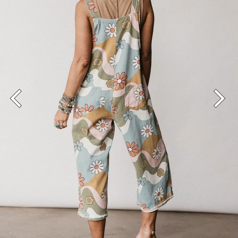 Three Bird Nest, Floral High Hopes Denim slouchy Overalls Jump S New Green - Picture 2 of 8
